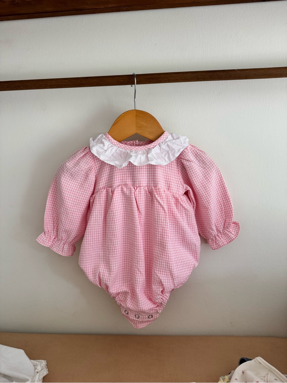 Pink Gingham Baby Bubble Romper with White Ruffle Collar